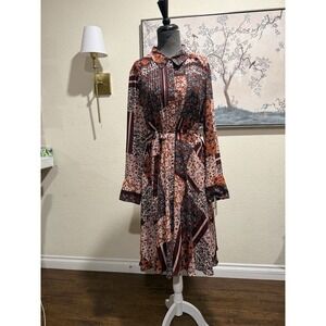 Nanette Lepore Multicolor Floral Patchwork Belted Shirt Dress Long Sleeve 14